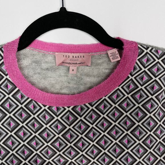 Ted Baker Womens 0 XXSmall Gray Amberly Geometric Printed Sweater Wool Silk Crew - Picture 4 of 8